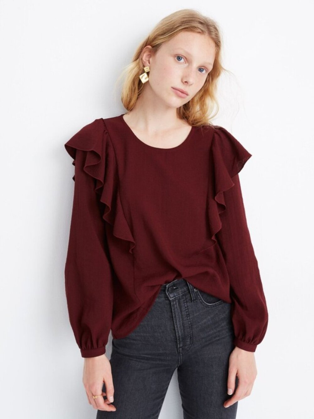 Madewell Ruffle-Front Top Womens Size Small Cabernet Red Long Sleeve Blouse